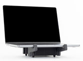 front view of SVALT Cooling Stand model MxSW2-lo for silent thermally conductive heatsink cooling performance with Apple laptops 16-inch and 14-inch MacBook Pro and 15-inch and 13-inch MacBook Air with black-core fiber supports and large laptop support arms