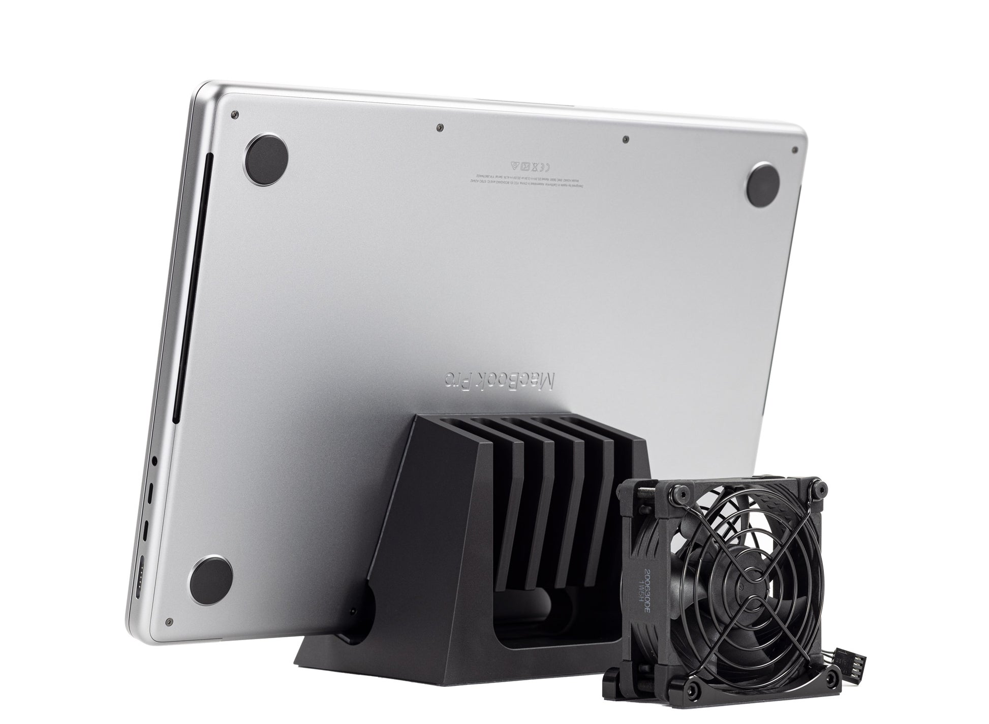 SVALT Cooling Fan model Fx back side view for quiet fan and DHC heatsink cooling performance with Apple laptop MacBook Pro