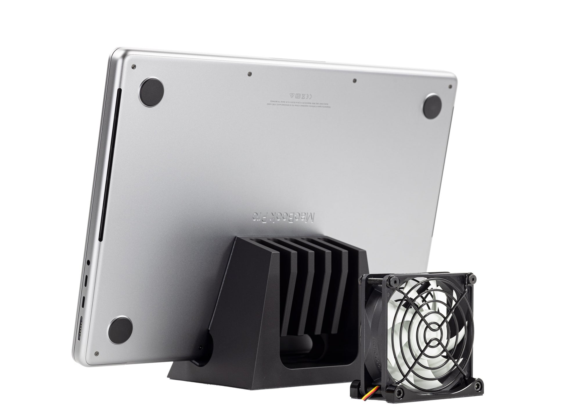 SVALT Cooling Fan model Fx back side view for quiet fan and DHC heatsink cooling performance with Apple laptop MacBook Pro