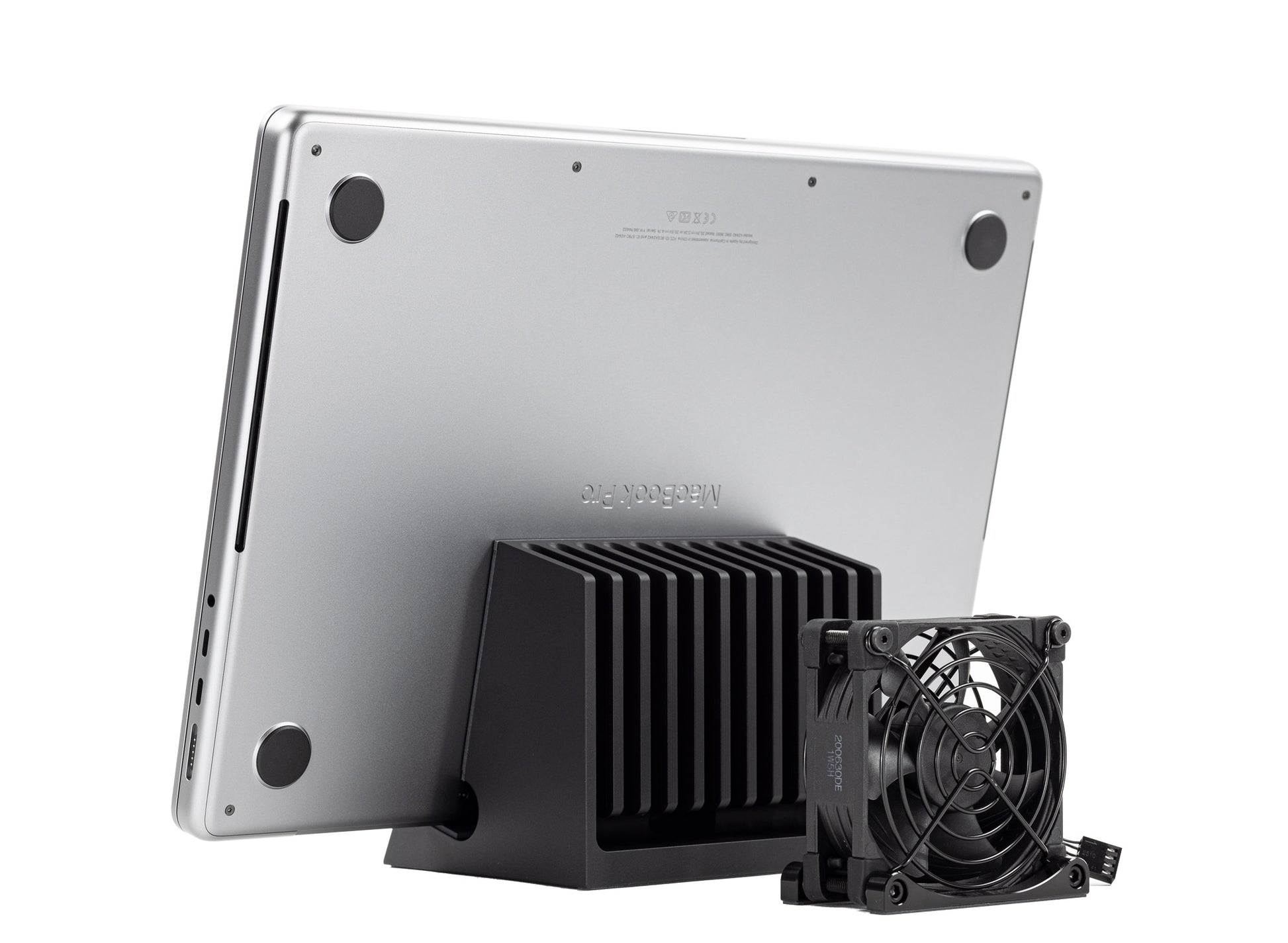 SVALT Cooling Fan model Fx back side view for quiet fan and DHCR heatsink cooling performance with Apple laptop MacBook Pro