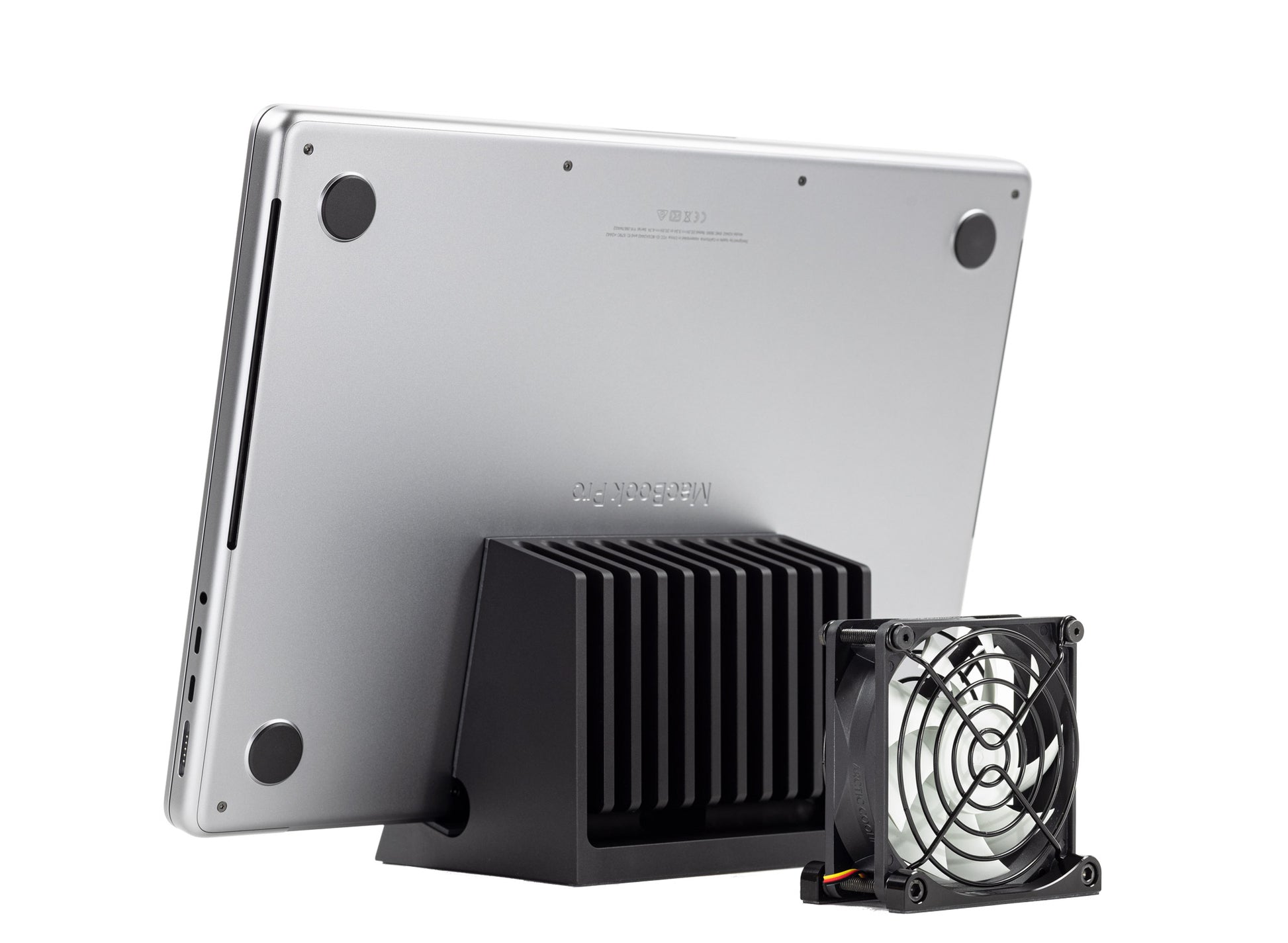 SVALT Cooling Fan model Fx back side view for quiet fan and DHCR heatsink cooling performance with Apple laptop MacBook Pro