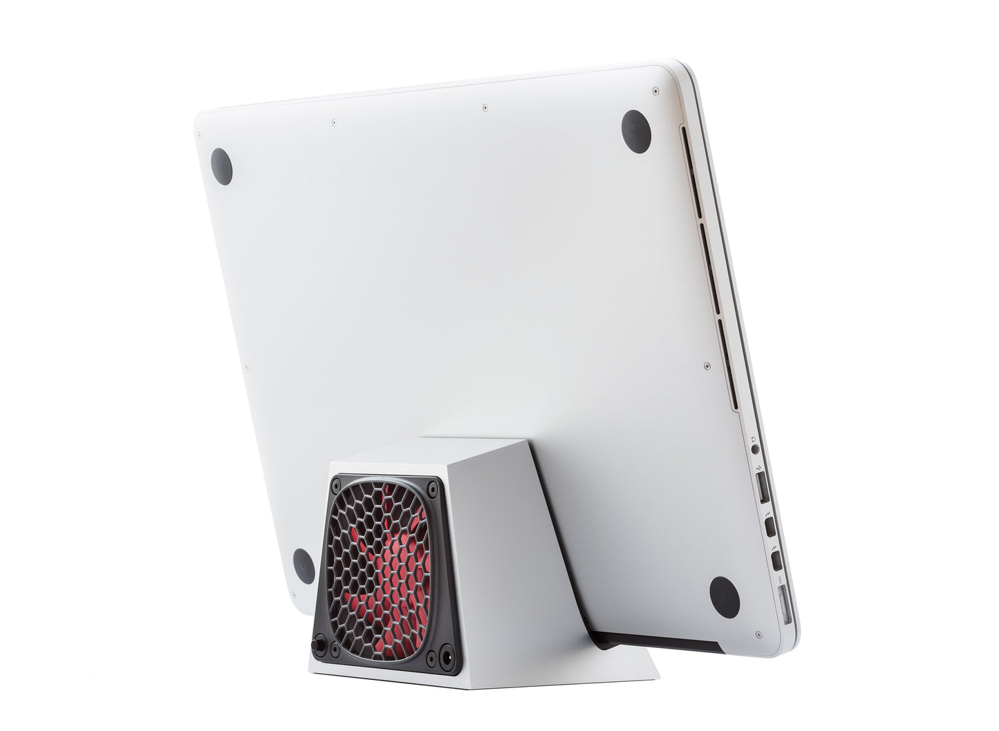 SVALT Cooling Dock model DLx silver side back view for quiet fan cooling performance with Apple laptop MacBook Pro