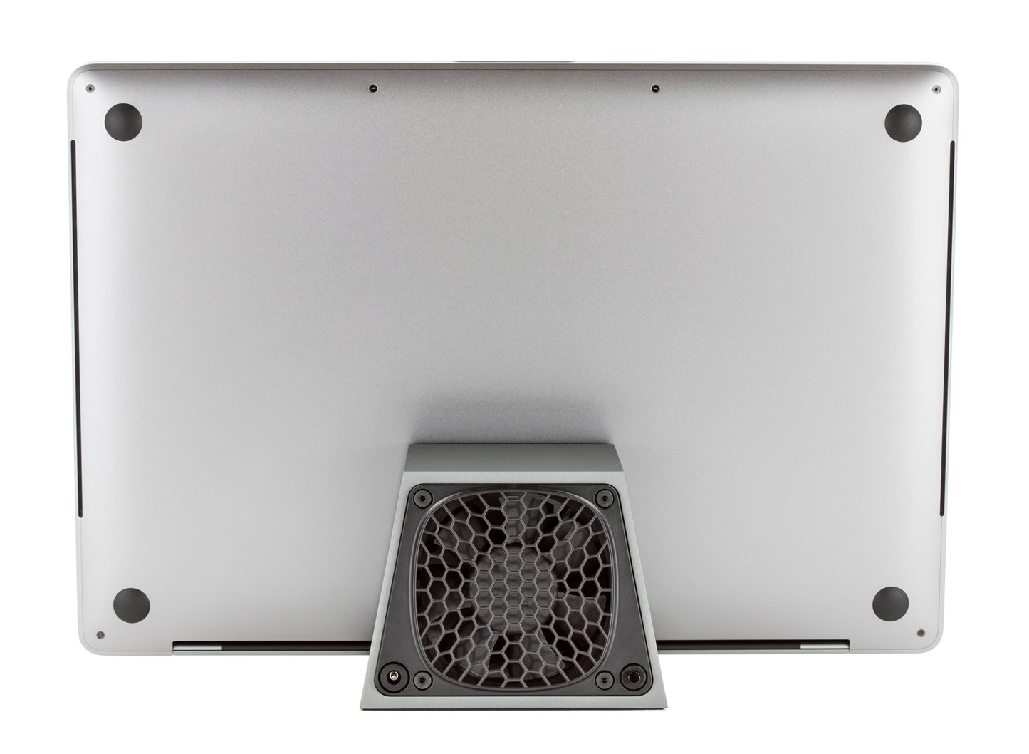 SVALT Cooling Dock model Dx gray back view for quiet fan cooling performance with Apple laptop MacBook Pro