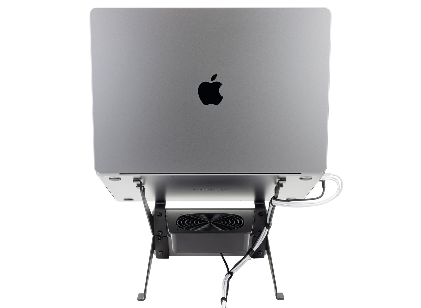 SVALT Cooling Stand model SRxB14 gray back hidden cables view for quiet fan cooling performance with Apple laptop 2021 M1 Max 16-inch MacBook Pro
