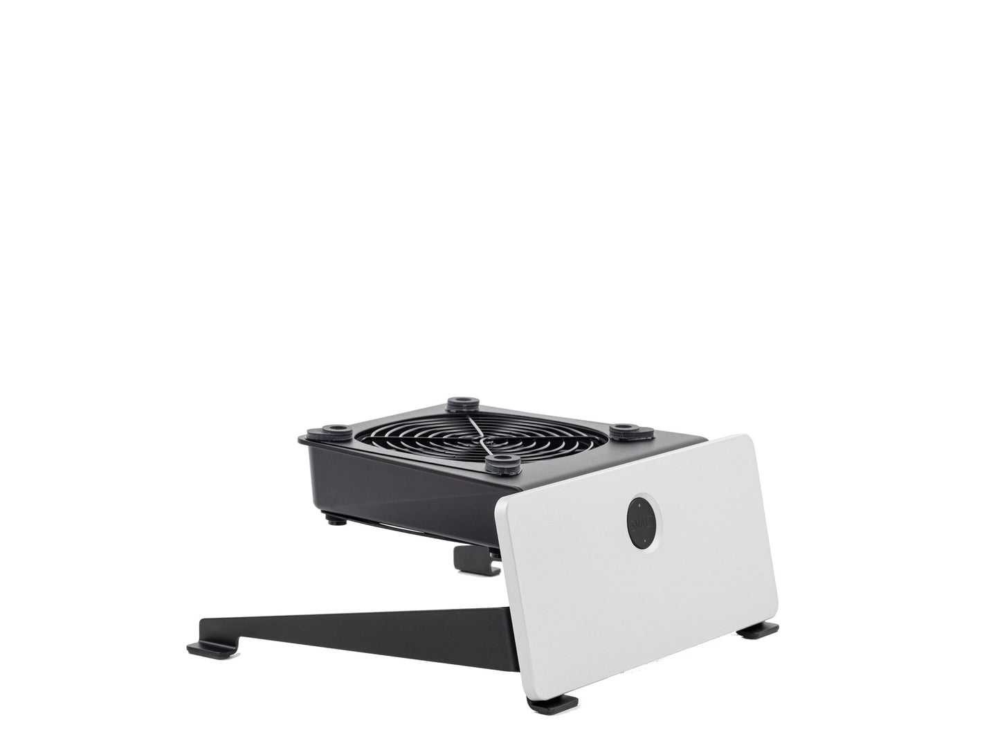 SVALT Cooling Stand model SRxB14M silver front side view for quiet fan cooling performance with Apple Mac Mini