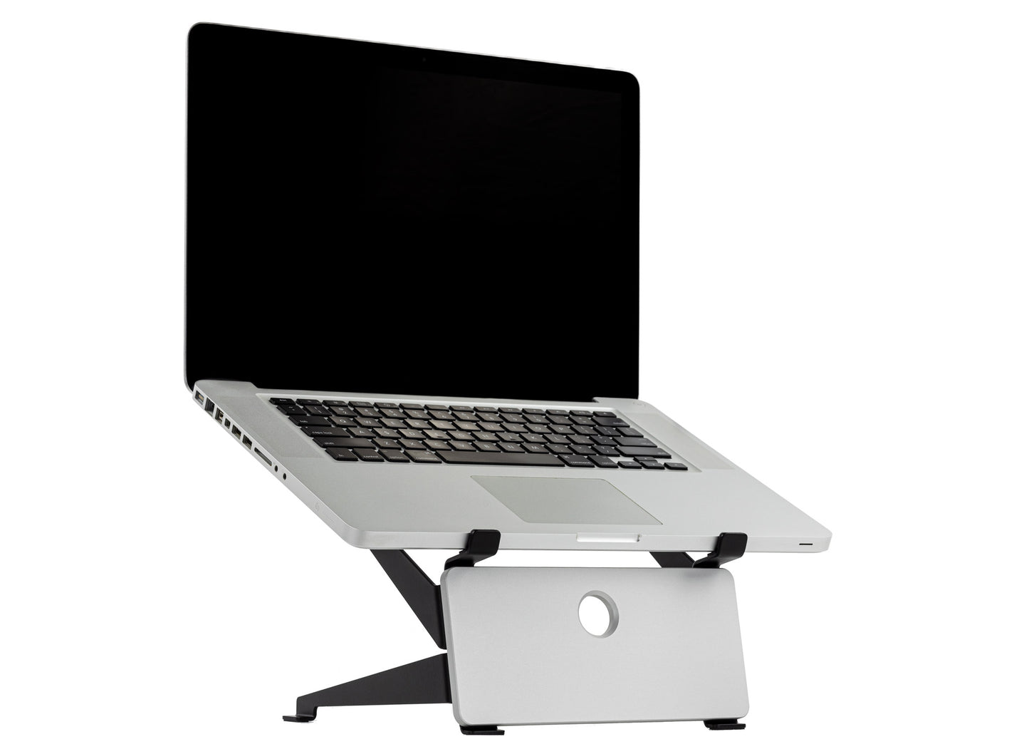 SVALT Cooling Stand model SRxN silver front side view for silent passive cooling performance with Apple and PC laptops