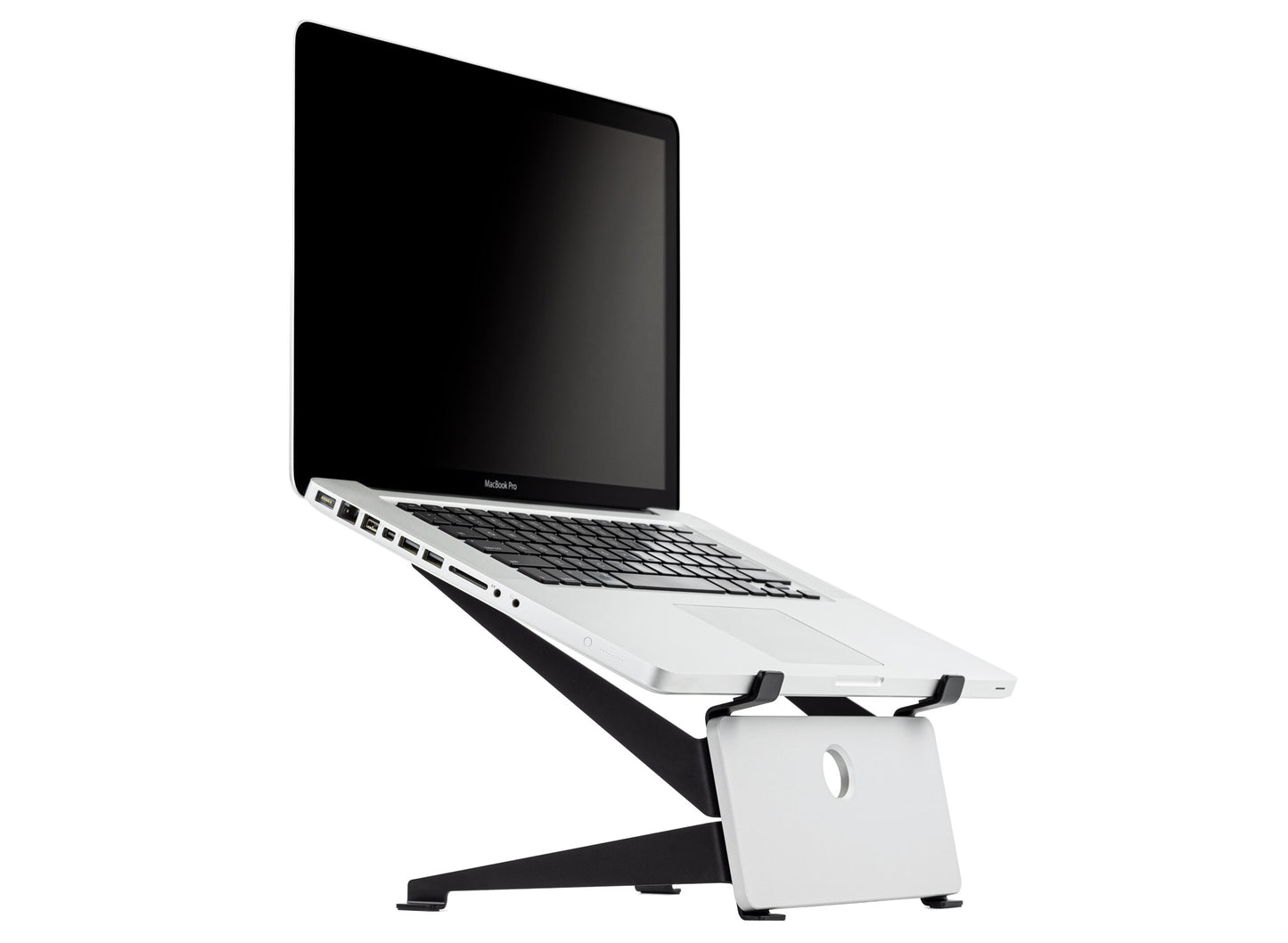 SVALT Cooling Stand model SRxN silver front side view for silent passive cooling performance with Apple and PC laptops