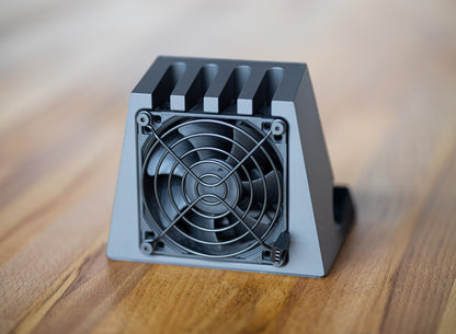 SVALT Cooling Dock model DHCx B22 fan dark gray color for quiet active airflow and thermally conductive heatsink cooling performance with Apple laptop 14-inch and 16-inch MacBook Pro