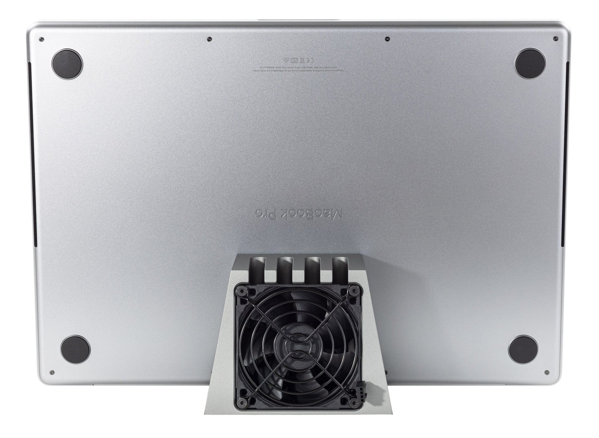 SVALT Cooling Dock model DHCx gray back view for quiet active airflow and thermally conductive heatsink cooling performance with Apple laptop 2021-2023 M1 Max 16-inch MacBook Pro