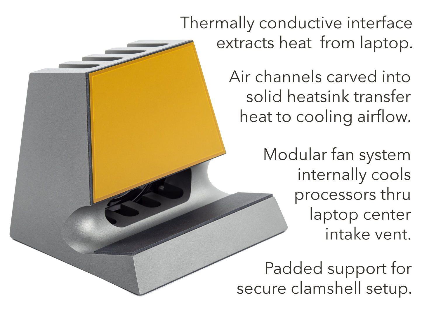 SVALT Cooling Dock model DHCx gray front view thermal overlay for quiet active airflow and thermally conductive heatsink cooling performance with Apple laptop 2021-2023 M1 Max 16-inch MacBook Pro, with labels describing cooling