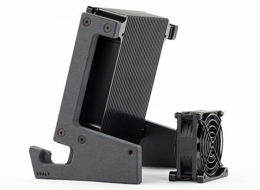 back view of SVALT Cooling Dock model MxDW2 for silent thermally conductive heatsink cooling performance with Apple laptops 16-inch and 14-inch MacBook Pro and 15-inch and 13-inch MacBook Air with 80mm Fx Cooling Fan