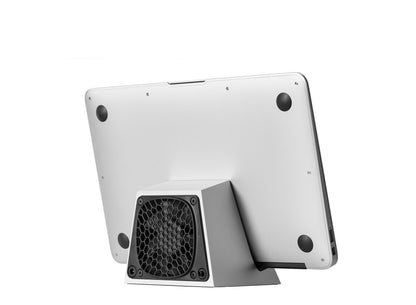 SVALT Cooling Dock model DLx silver back side view for quiet fan cooling performance with Apple laptop MacBook Air