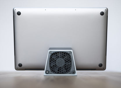 SVALT Cooling Dock model Dx gray back view for quiet fan cooling performance with Apple laptop MacBook Pro
