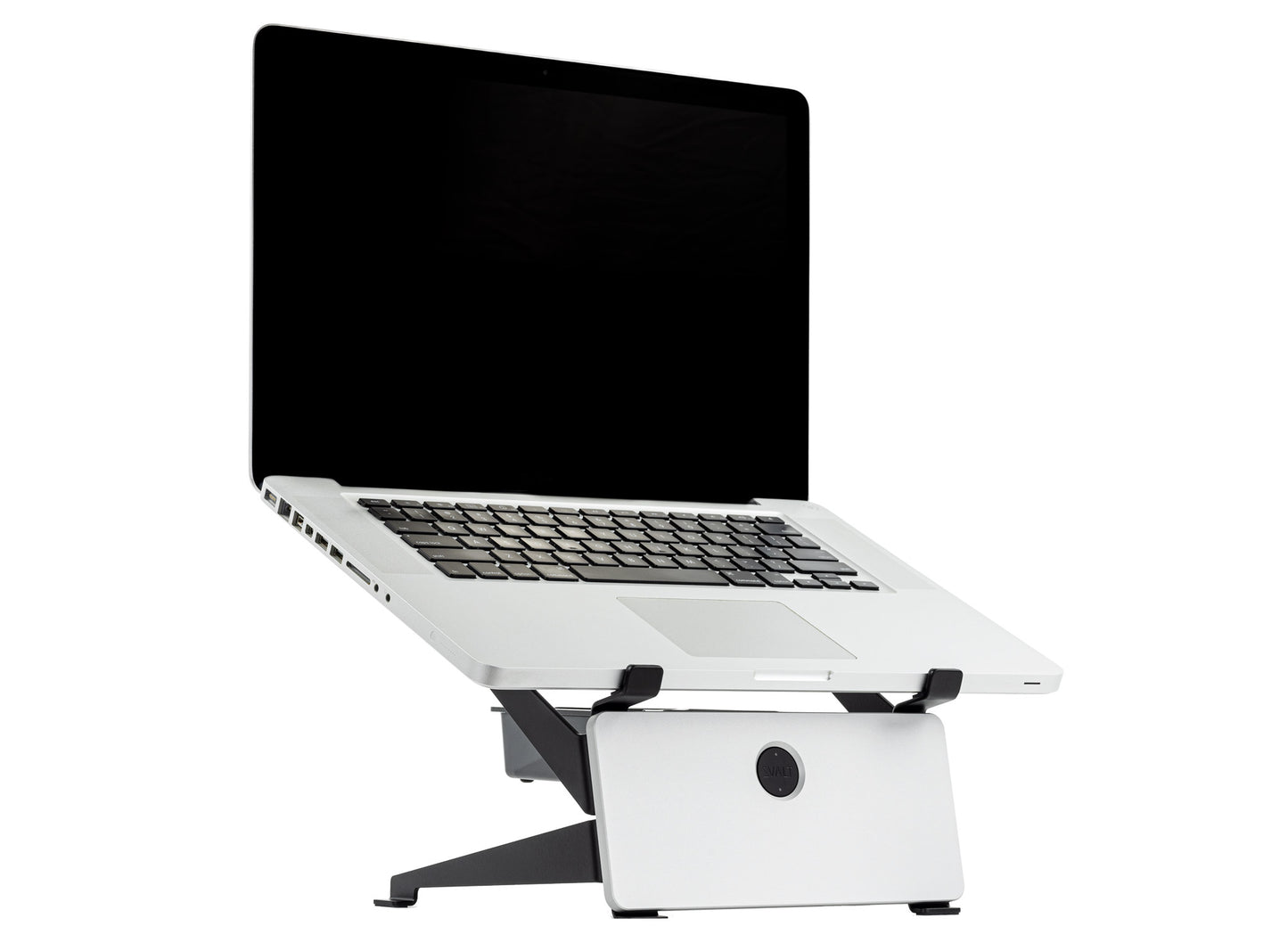 SVALT Cooling Stand model SRxB14 silver front side view for quiet fan cooling performance with Apple laptop MacBook Pro