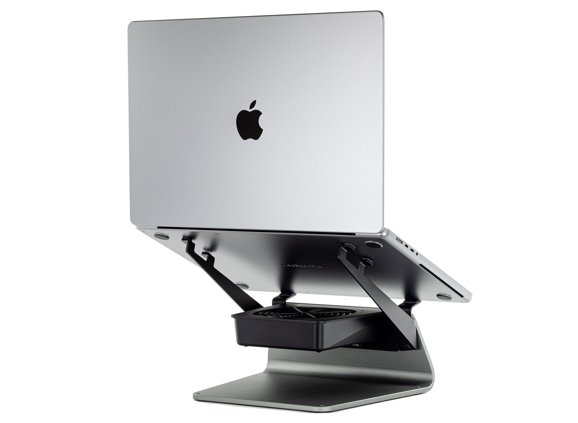 SVALT Cooling Stand model SxB14 gray back side view for quiet fan cooling performance with Apple laptop 16-inch MacBook Pro M1 Max