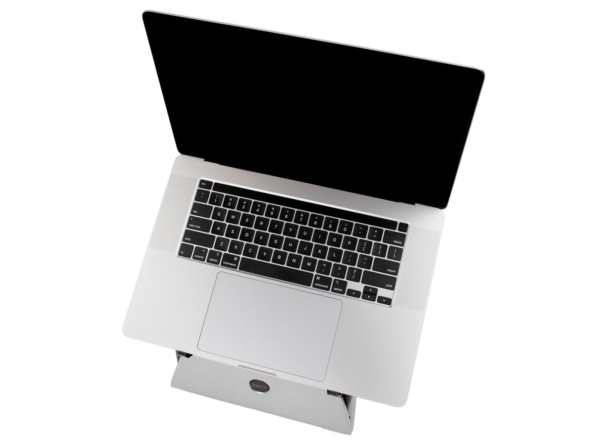 SVALT Cooling Stand model SxG17 gray front top side view for quiet fan cooling performance with Apple laptop 16-inch MacBook Pro