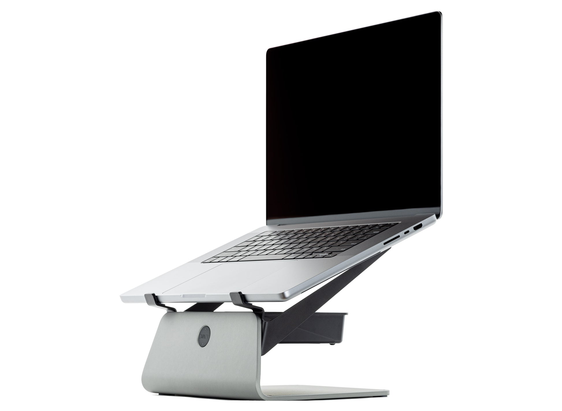 SVALT Cooling Stand model SxB14 gray front side view for quiet fan cooling performance with Apple laptop 16-inch MacBook Pro M1 Max